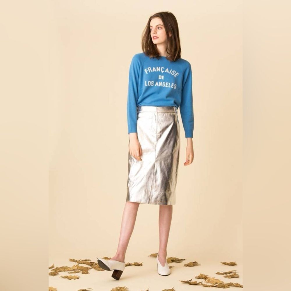 Tibi Womens Front Slit Pencil Skirt Silver Metallic Faux Leather Size 2